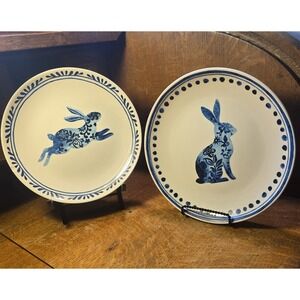 Set of 2 Potter's Studio Rabbit Salad Plate Bunny Hare Easter Blue White 8.5"
